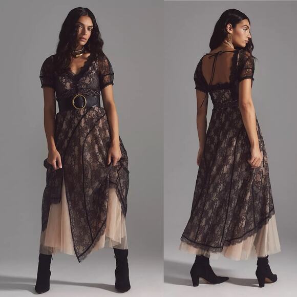Anthropologie Lace Tulle Maxi Dress Black Size 0 - Picture 1 of 8